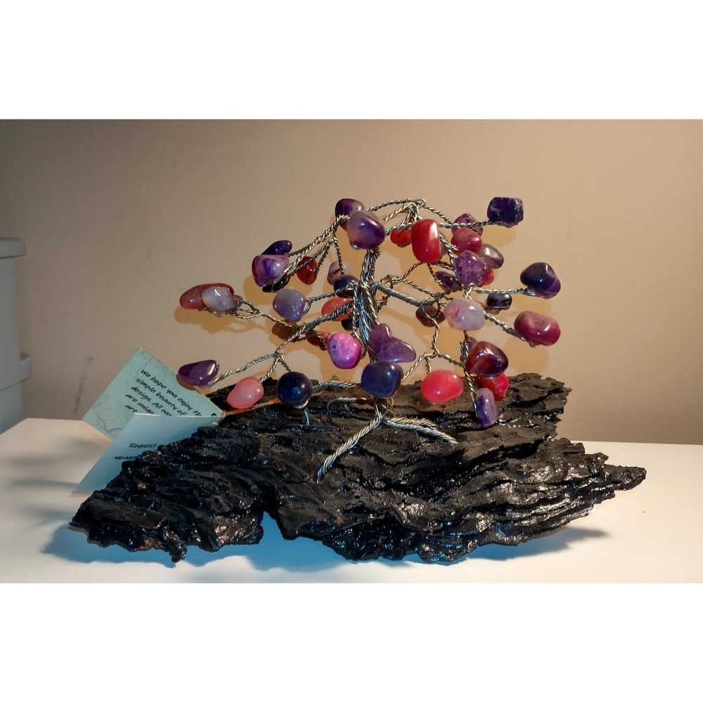 Handmade signed Gemstone Tree Sculpture on Black Base – 5"x 9"x5"